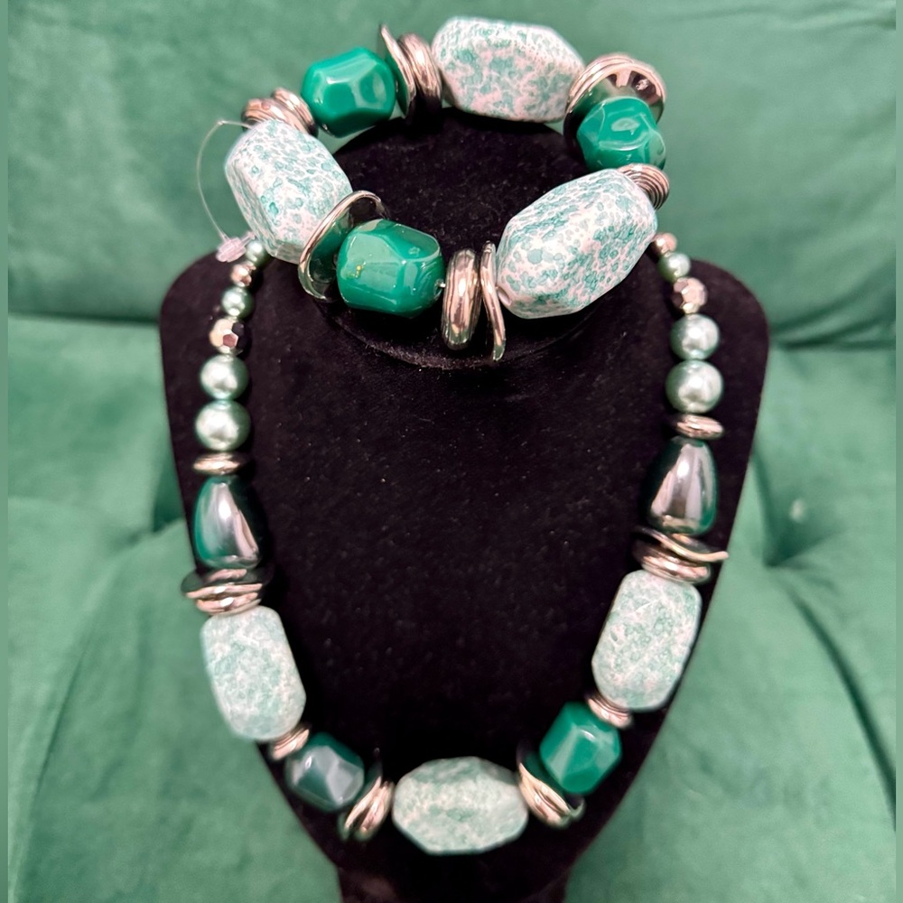 paparazzi Teal and Mint Beaded Necklace and Bracelet and earrings Set
